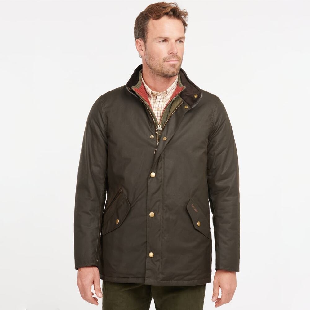 BARBOUR PRESTBURY MEN'S WAXED JACKET in OLIVE Quilted Leather Corduroy Trim XL
